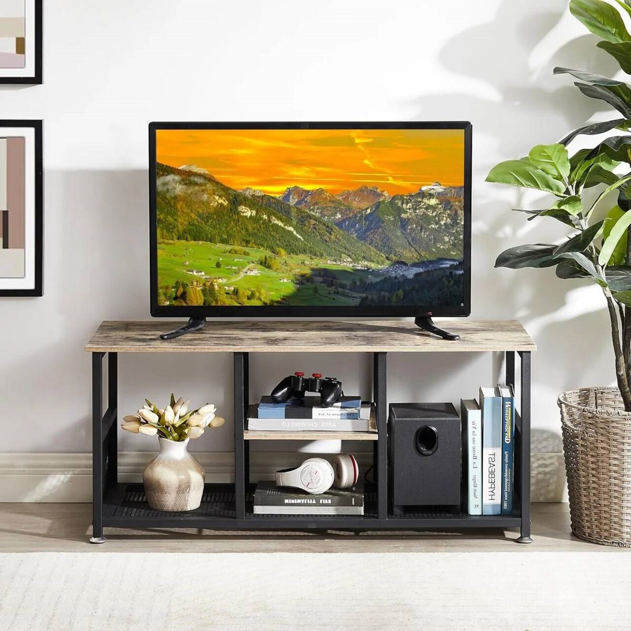 Engineered Wood TV Stand with Black Metal Frame, Mesh Shelves and Adjustable Feet